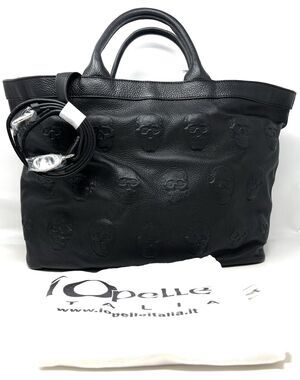 IO PELLE Skull Embossed Blck Leather Tote Bag XL Weekender Crossbody Strp ITALIA